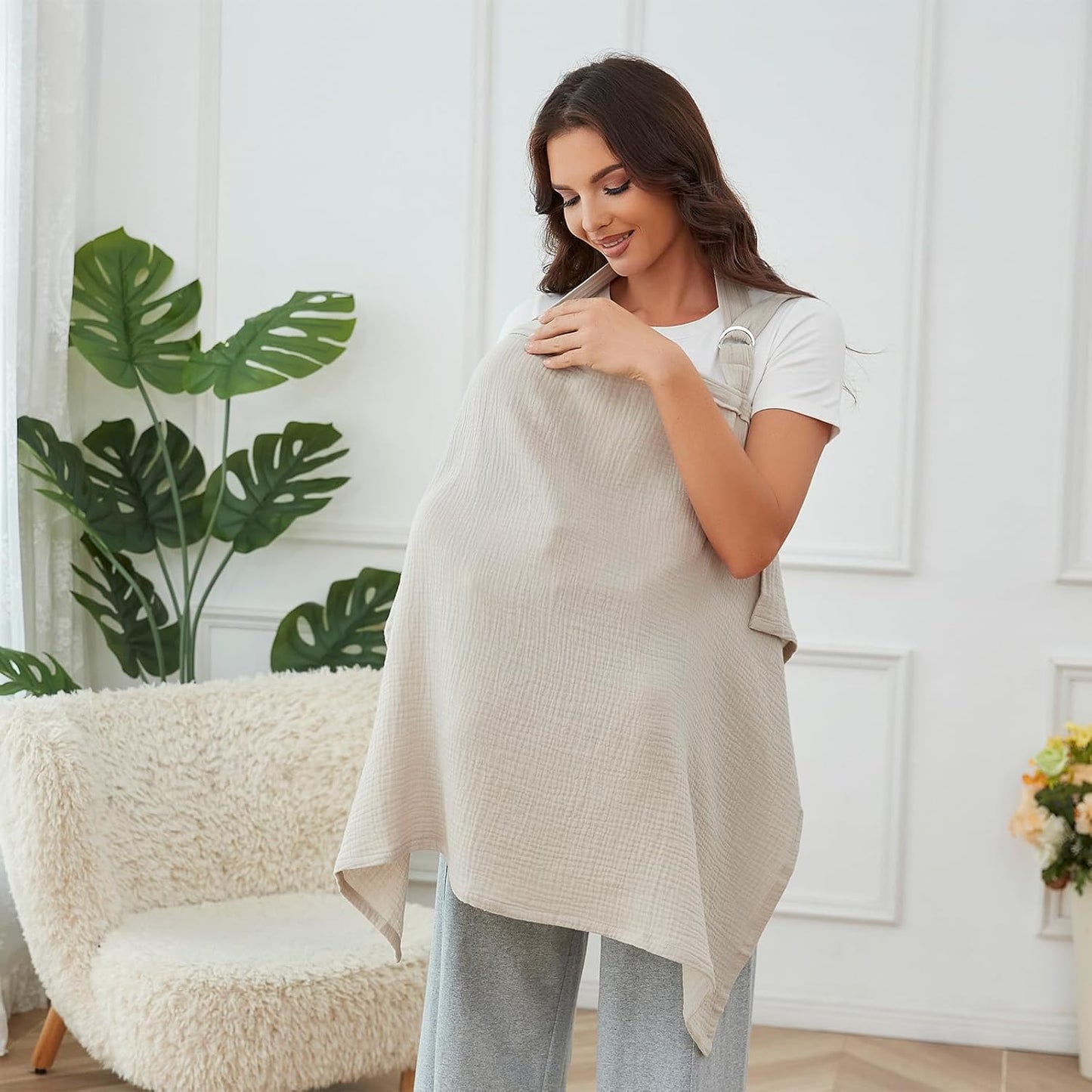 Muslin Nursing Cover for Breastfeeding, Breathable 100% Cotton Privacy Nursing Covers with Rigid Hoop for Mother Nursing Apron, Soft Arch Neckline Nursing Apron (Summer Wheat)