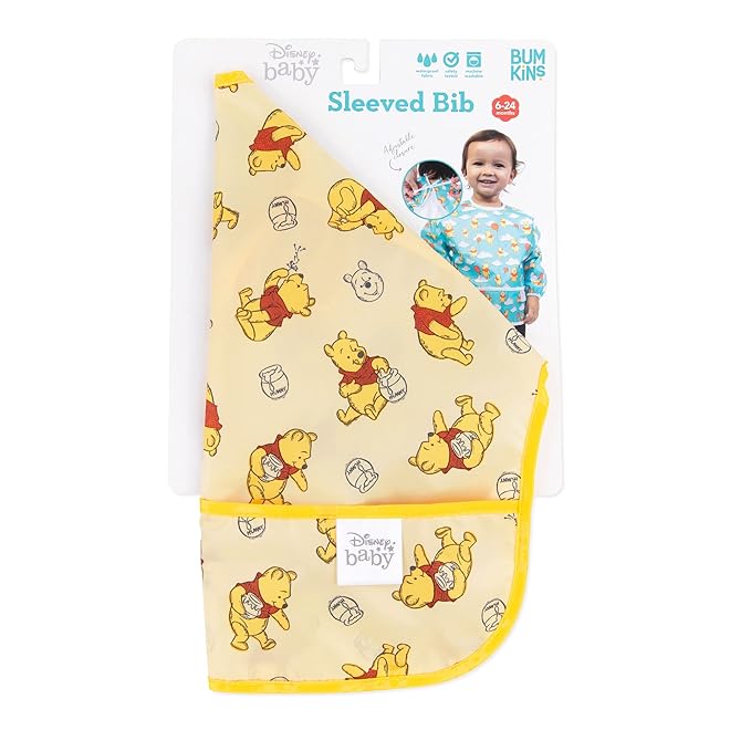 Bumkins Disney Sleeved Bib for Girl or Boy, Baby and Toddler for 6-24 Mos, Essential Must Have for Eating, Feeding, Baby Led Weaning, Long Sleeve Mess Saving Food Catcher, Winnie the Pooh Hunny