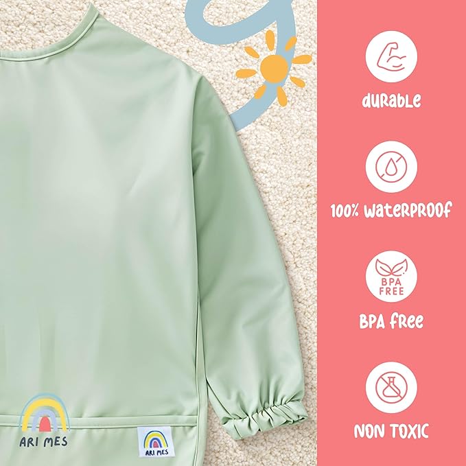 ARI MES Long Sleeves Waterproof Baby Bibs for Eating - Rainbows, Large- Wearable, Coverall for Toddler, Long Sleeve Bib, Smock Apron for Feeding - Applicable for 6-72 Months