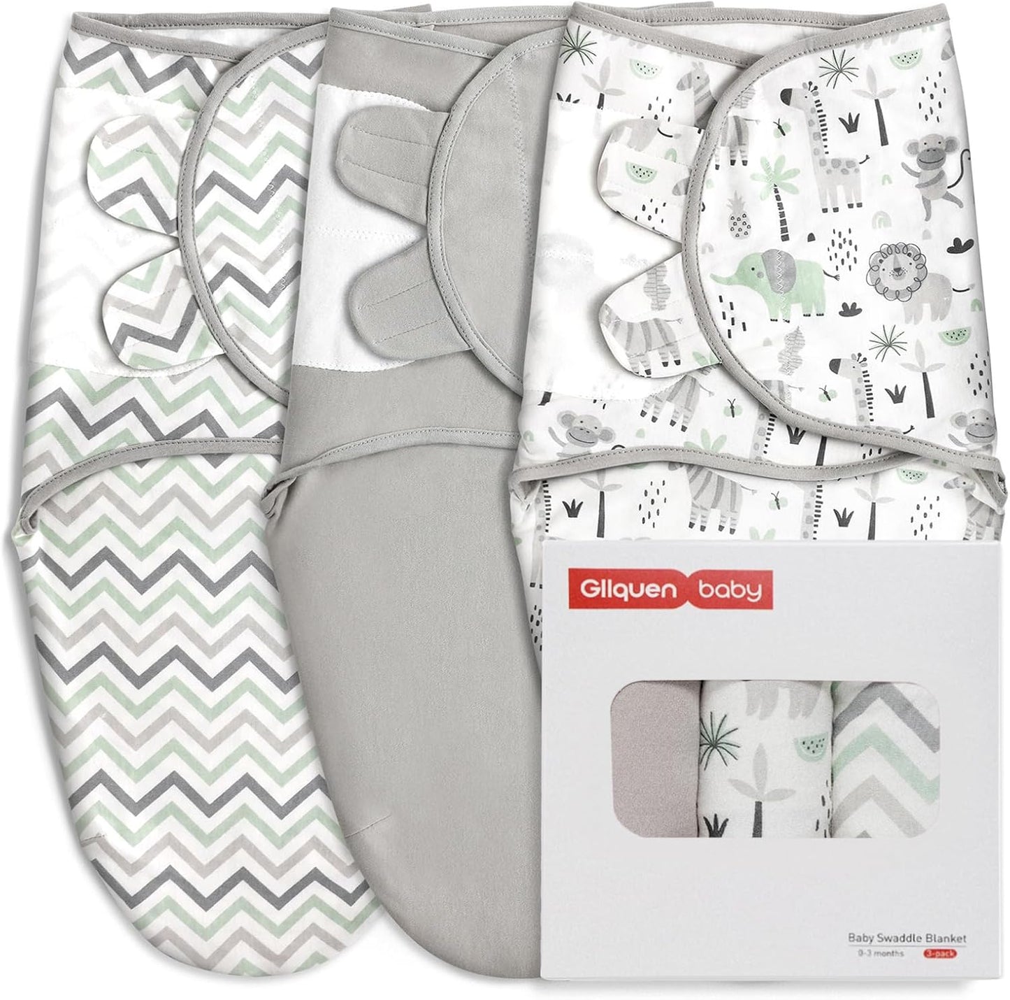 GLLQUEN BABY Organic Swaddle Sleep Sacks for Newborn - Baby Swaddles 0-3 Months, 3-Pack Newborn Swaddling Sack, Gray Stripe & Animal World, Baby Swaddle Blanket Wrap (Small/Medium)