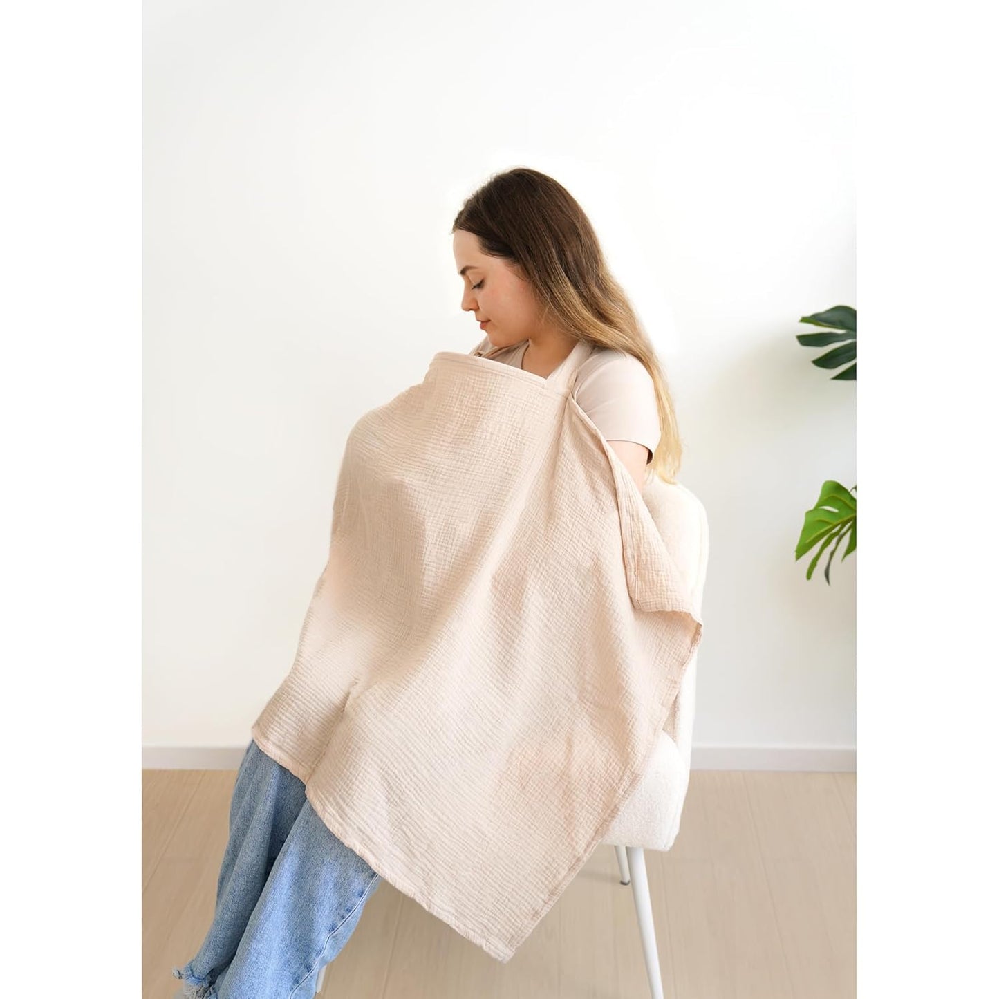 Muslin Nursing Covers for Breastfeeding, Privacy Breast Feeding Cover with Arch Neckline for Mom and Baby, Breathable 100% Cotton Nursing Apron Multi-use Stroller Cover