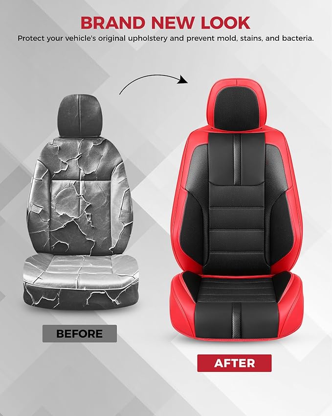 FREESOO Red Black Front Car Seat Covers - Faux Nappa Leather Seat Covers for Cars, with Carbon Fiber Texture Seatbelt Pads, Interior Protectors Universal Fit for Most Vehicles Sedans SUV Trucks Camry