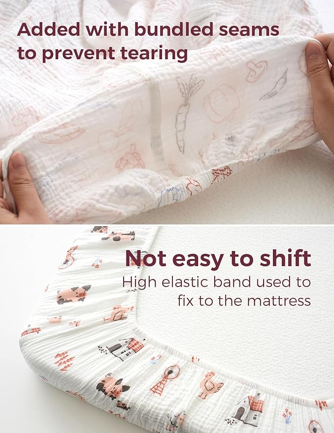 Momcozy Muslin Mini Crib Sheets Fitted - 38''x26'' Pack and Play Sheets for Pack N Play Mattress, 2 Pack Soft & Breathable Natural Cotton Non Slip Bed Cover for Boys, Girls, Farming Joy
