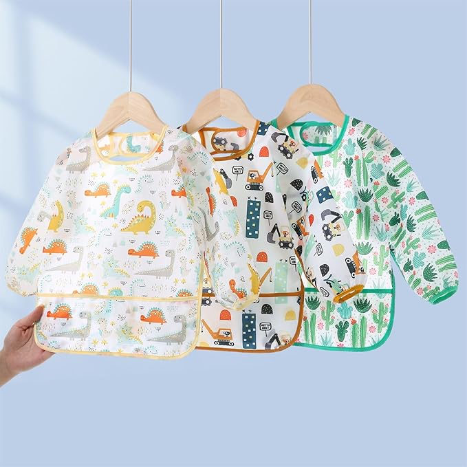 3 Pcs Waterproof Long Sleeves Baby Bibs Weaning Smock Bib 3-24 Months