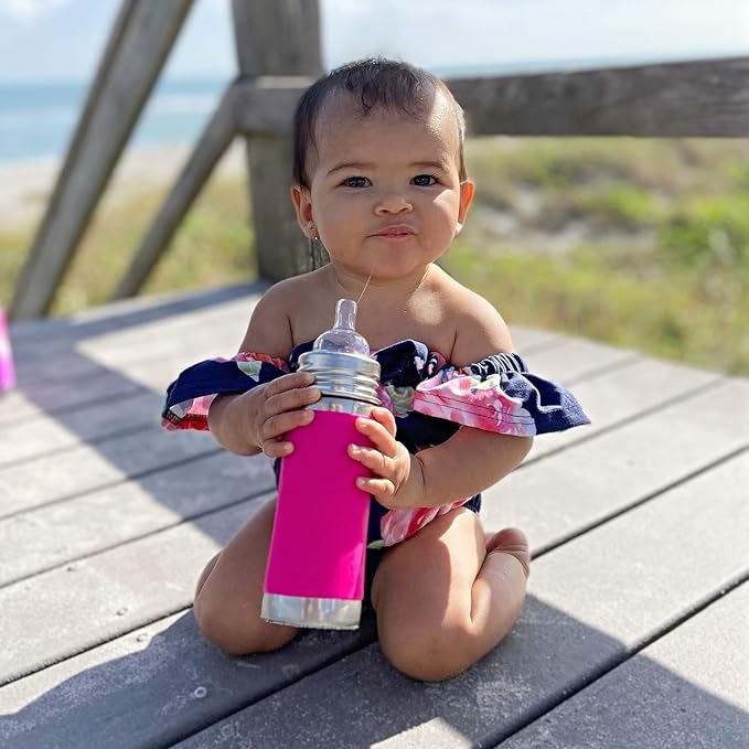 Pura Kiki 9oz/275ml Stainless Steel Infant Bottle w/Sleeve, Anti-Colic, 100% Plastic-Free, MadeSafe Certified, Medical-Grade Silicone, Medium-Flow Nipple, for Babies 3 Months & Up - (Fox)