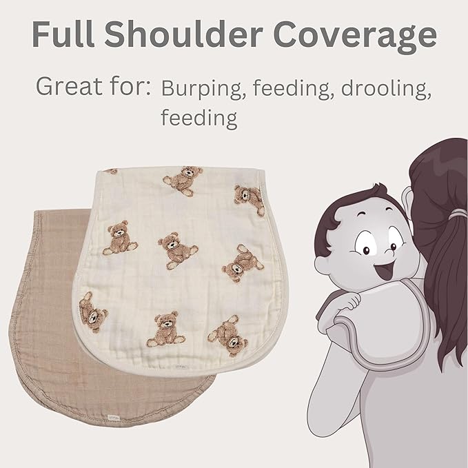 Ali+Oli 2-pk Muslin Burp Cloths for Baby Boys and Girls (Teddy-Taupe) Organic Baby Burp Cloth, Burp Rags for Newborn