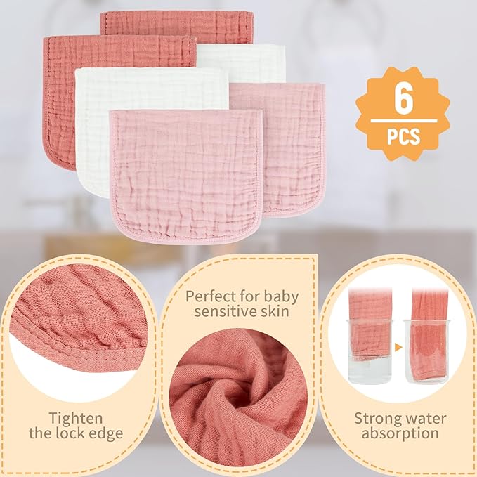 Baby Burp Cloth 100% Cotton Newborn Cotton Muslin Burp Cloth 10x20 inches (White & Pink 6 Pieces)
