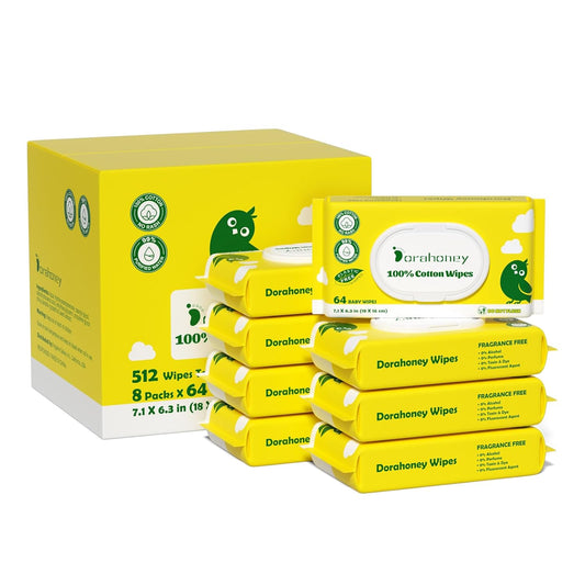100% USA Cotton Baby Wipes for Sensitive Skin, 99% Purified Water Unscented Wet Wipes, Hypoallergenic & Plastic-Free, 512 Count (8 Flip-Top Packs of 64)