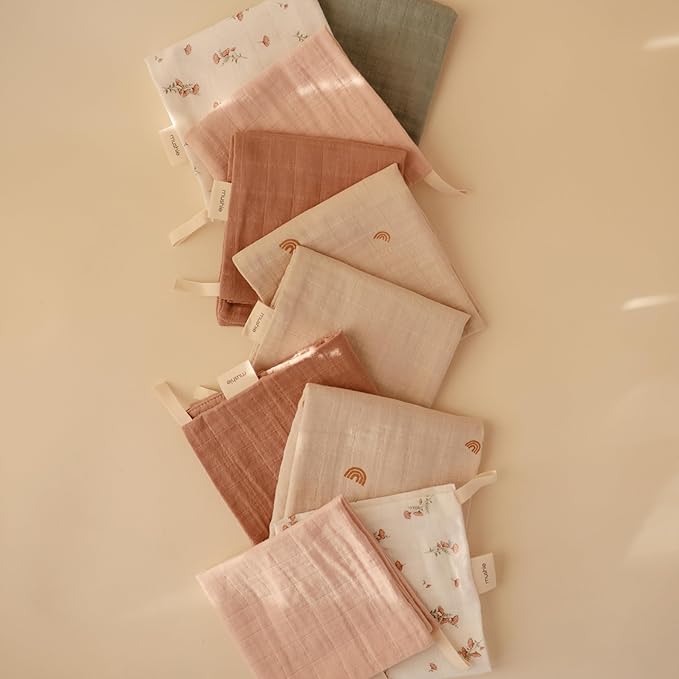 mushie Muslin Organic Cotton Washcloths 5-Pack (Rainbow Combo) | Soft Wipes for Baby Cleanups and Bathing