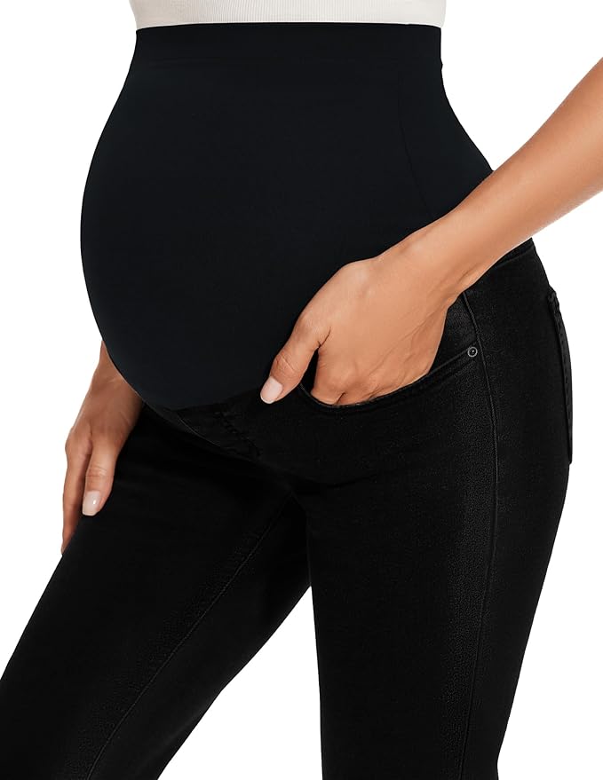 GLAMIX Women's Stretch Maternity Bootcut Jeans with Pockets Over The Belly Bell Bottoms Flare Denim Pants Pregnancy Clothes