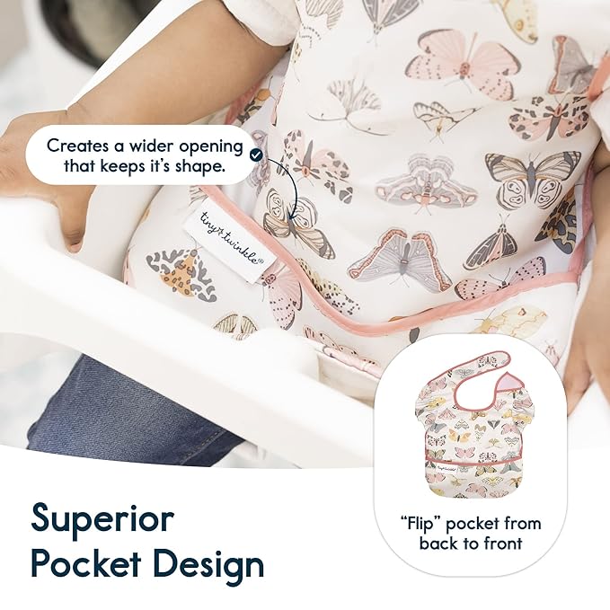 Tiny Twinkle Mess Proof Baby Bibs for Eating – Waterproof, Wipeable Toddler Bibs with Pocket – Baby Food Bibs for Girls & Boys(3 Pack,Flutter Set)