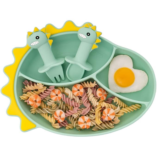 Silicone Suction Plates for Baby Toddler with Spoon Fork set Divided Dinosaurs Plates Self Feeding Training Baby Dinner Plate-Green Dinosaurs Plate Set