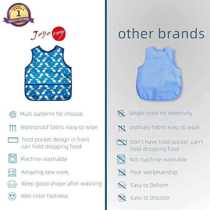 Joyo roy Mess Proof Baby Bibs for Eating Waterproof Toddler Bibs 1-3 Years Soft Machine Washable Sleeveless Baby Smock Bib for Boys Travel Reusable Led Weaning Apron for Feeding Bib with Food Catcher