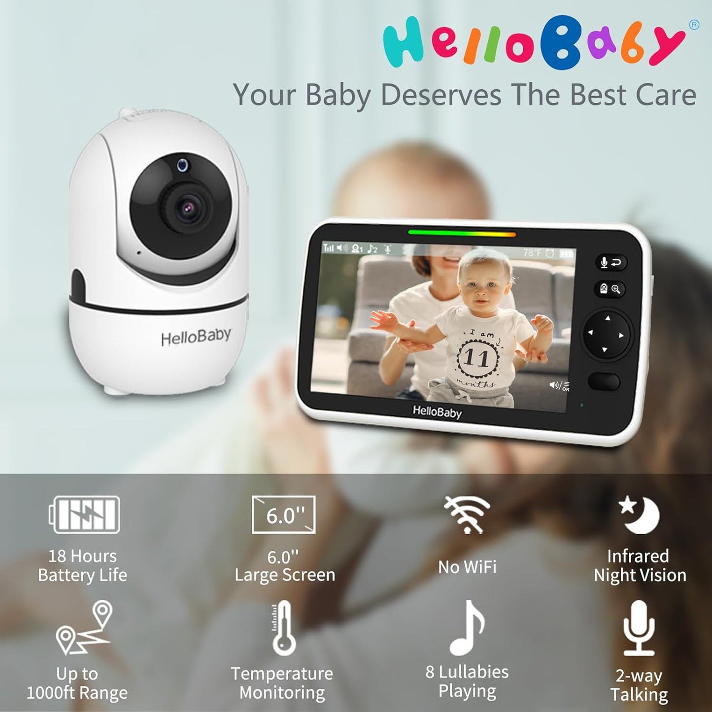 HelloBaby 6'' World First IPS 30H Battery Split-Screen Video Baby Monitor with Camera and Audio, No WiFi, Pan-Tilt-Zoom, VOX, 2-Way Talk, Night Vision, 8 Lullabies, 1000ft, for New Parents/Elderly