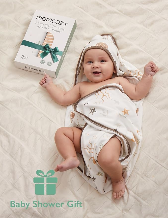 Momcozy Baby Towel with Hooded-2 Pack Soft Bath Towel Set-Shower Gifts or Bath Essential for Infant,Newborn, Toddler (28 X 28 Inch, Ocean Whimsy)