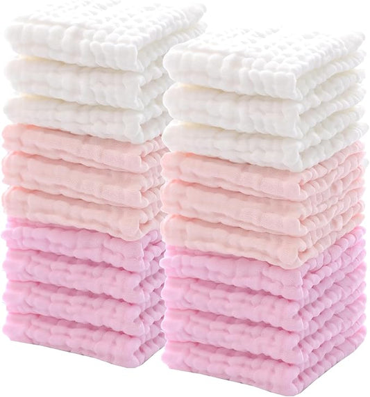 Breling 20 Pcs Baby Muslin Washcloth 12 x 12 Inch 100% Cotton Soft and Absorbent Muslin Washcloth Burp Cloth Wipe Newborn Face Towel for Baby Boy Girl Sensitive Skin(Powder Pink, White, Pink)