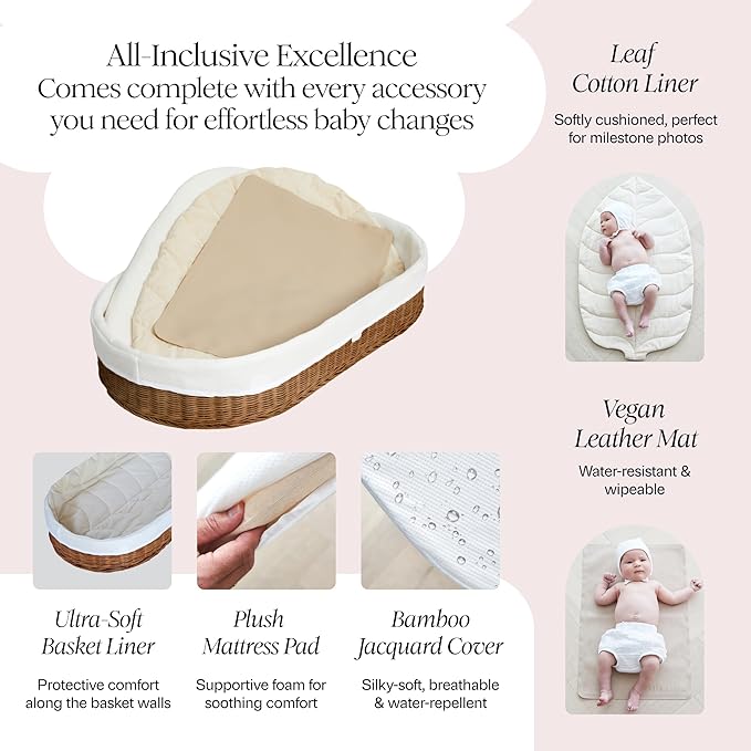 BEBE BASK Premium Baby Changing Basket - Artisan-Crafted Scalloped Rattan - Changing Basket for Baby Dresser - All Accessories Included - Complete Set for Nursery (Mocca)