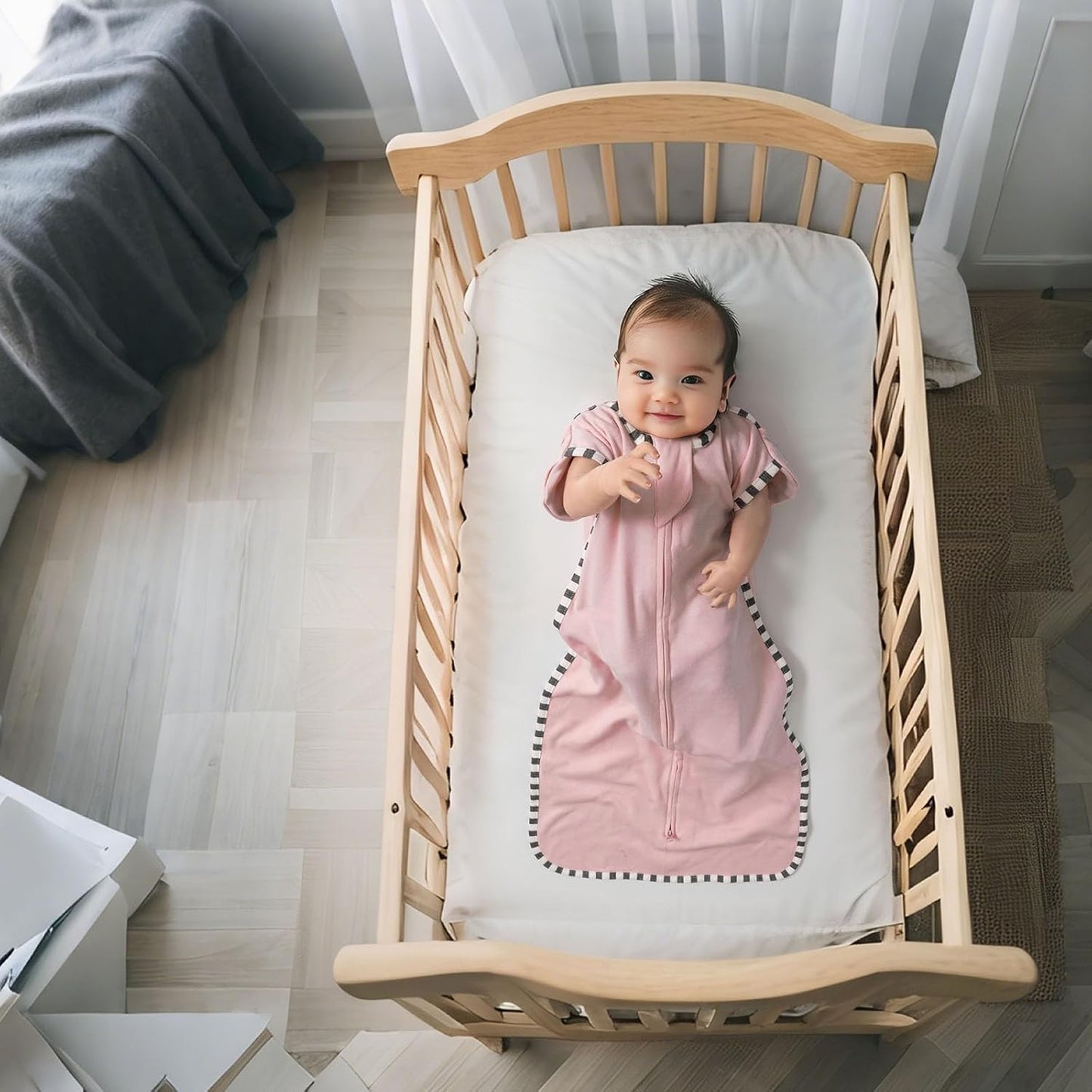 Transition Swaddle, 2 Pack 100% Cotton Baby Sleep Sack, 2-Way Zipper Infant Arm Up Swaddle for Newborn Baby Boys Girls (Rose Pink + Purple, L(6-9 Months))