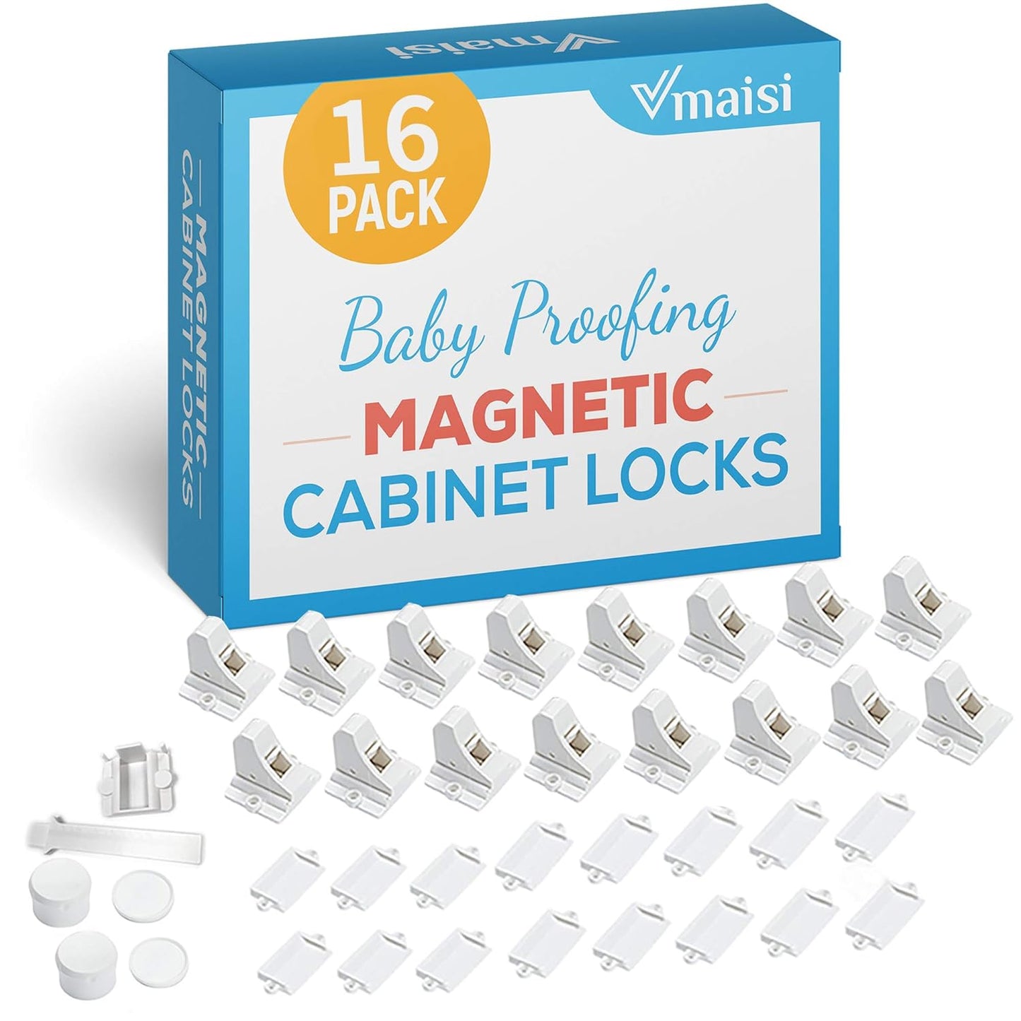 16 Pack Child Safety Magnetic Cabinet Locks - Vmaisi Children Proof Cupboard Baby Locks Latches - Adhesive for Cabinets & Drawers and Screws Fixed for Protection