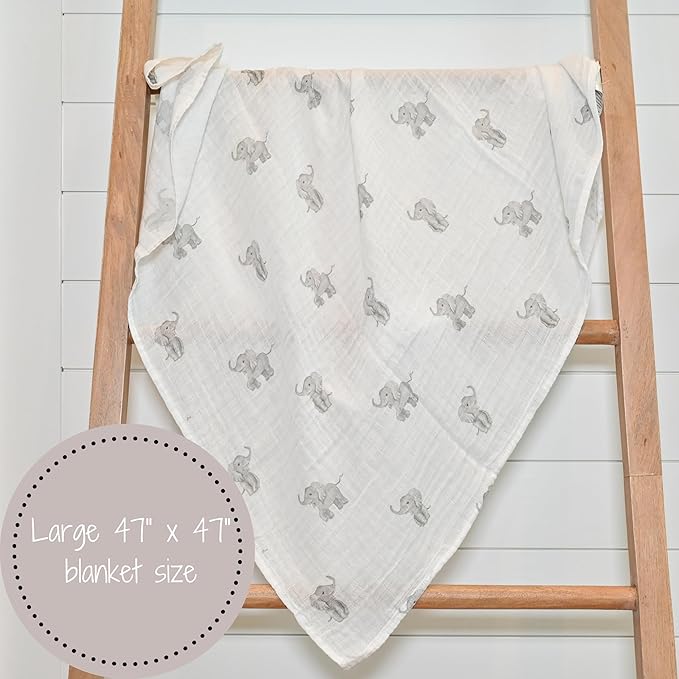 LollyBanks Muslin Swaddle Blankets, Large 47 x 47 Inches Baby Blanket for Boys and Girls, 100% Cotton Baby Swaddle Blanket, Newborn Receiving Blanket for Swaddling, Registry (Baby Elephant Print)
