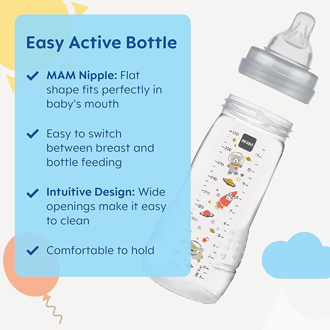 MAM Easy Active Baby Bottles 11 oz with Bonus Nipple, Fast Flow Skinsoft Silicone Nipple with Wide Neck Ergonomic Design, Easy to Hold, BPA-Free Bottles with Leak-Proof Caps for 4+ Months Baby, Unisex