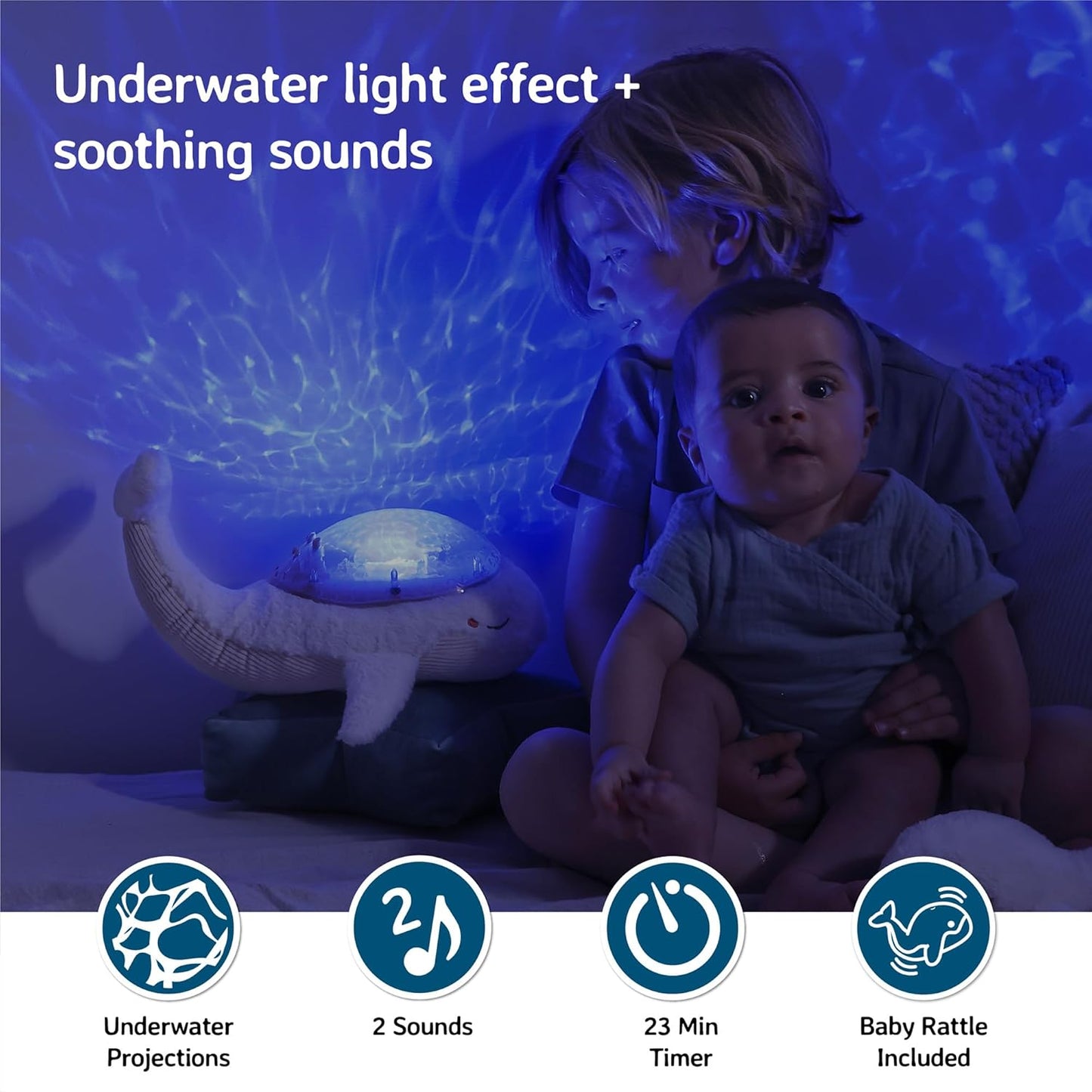 Cloud b Ocean Projector Nightlight with White Noise Soothing Sounds | Adjustable Settings and Auto-Shutoff | Tranquil Whale Family - White