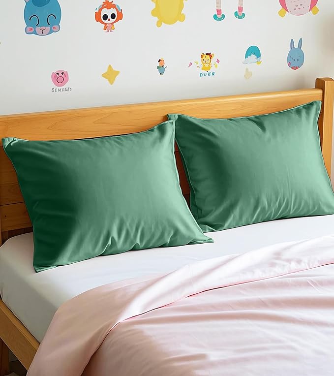 Deep Dream 100% Cotton Toddler Pillowcases Set of 2, 13x18 Inches Fits Baby Pillow Sized 12x16, 13x18, 600 Thread Count Cotton Small Travel Kids Pillow Case with Envelope Closure, Forest Green