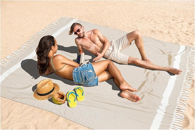 Oversized Turkish Beach Towel Blanket XXL Cotton Sandproof Towels Boho Woven Extra Large Big Sand Free Giant Throw Thick Blankets Huge Quilt XL Picnic Camping Necessities Cloud For Adult Gifts Beige