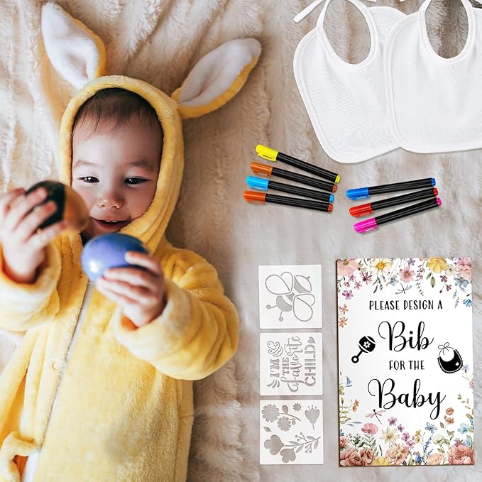 Newwiee 55 Pcs White Bibs for Baby Decorating Design a Bib Decorate Plain newborns Bibs Wooden Sign for Baby Shower Games Kit