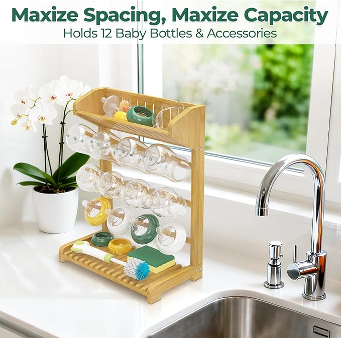 EsLuker.ly Baby Bottle Drying Rack Bamboo Vertical Dryer Holder, Space Saving for 12 Milk Glass Bottle Countertop, Wooden Drain Stand Shelf for New Parents