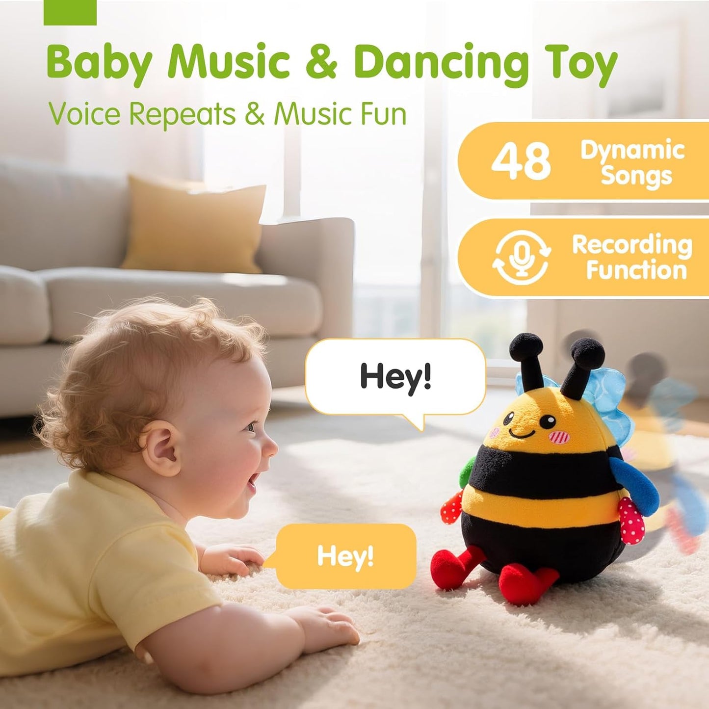 hahaland Baby Toy for 6 + 12 18 Months – Crawling Musical Dancing Bouncing Learning Bee Plush, Interactive Tummy Time Toy for 1 2 3 Year Old Boys Girls Birthday Gifts