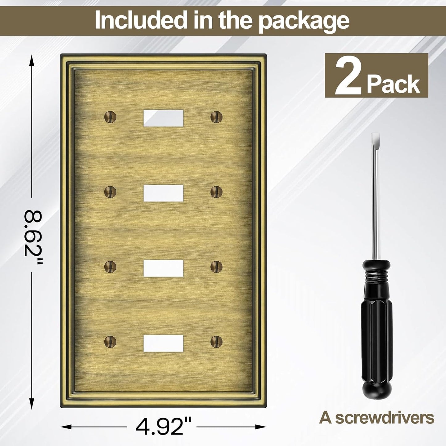 2 Pack Quad Toggle Light Switch Covers Plate, Antique Brass Metal Material Switch Plate Covers, 4 Gang Wall Plate for Light Switch - Classic Style