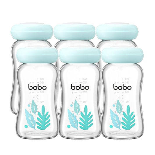 YOHKOH Glass Breast Milk Storage Bottles - 100% Leak-Proof, BPA-Free Breastmilk Storage Containers, Freezer & Dishwasher Safe, Ideal for Nursing Mothers (Blue, 5.4oz (Pack of 6))