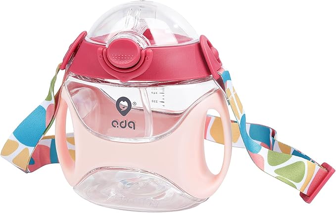 Baby Straw Water Bottle with Handles and Strap, Portable Travel Toddler Cup for School,11 Ounce(Pink)