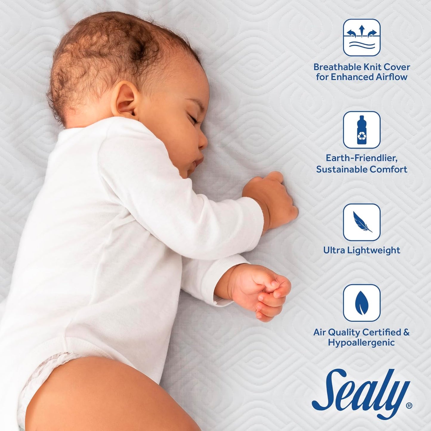 SEALY BABY OmniPedic Refresh Breathable 2 Stage Waterproof Crib Mattress Plus Toddler Bed Fit, Removable Knit Cover, GREENGUARD Gold Certified, Safety & Quality Tested, Made in USA, 52X28 -White