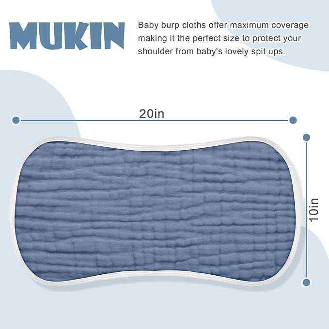 MUKIN Baby Muslin Burp Cloth Set of 6, Ultra Soft Absorbent Thick Cotton Burping Cloths for Unisex Newborn Babies, 20'' by 10'' Neutral Milk Spit Up Rags Boys Girls - Baby Must Haves. (Gradient Blue)