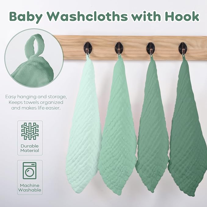 Yoofoss Muslin Baby Washcloths 100% Organic Cotton Face Towels 10 Pack Wash Cloths for Baby 12x12in Soft and Absorbent Baby Wipes (Gradient Green)