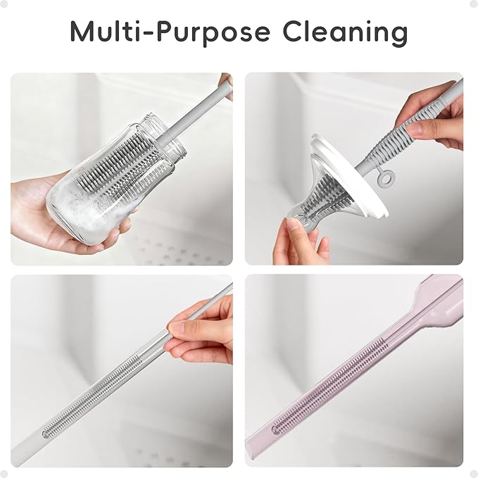 Baby Bottle Brush and Straw Cleaner Brush Set, Extra Long Double-Ended Soft Silicone Brush Cleaner for Baby Bottles, Water Bottles, Cups, Breast Pumps, Detachable & Hangable