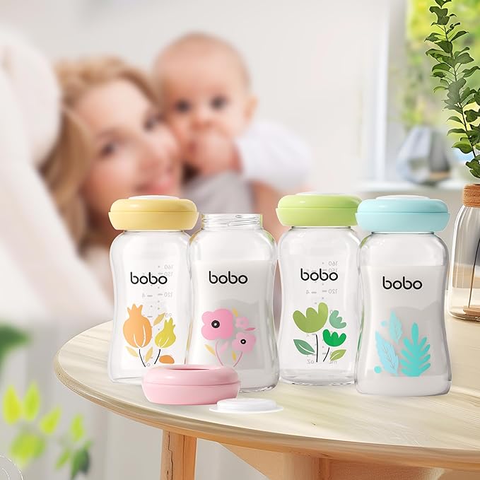 YOHKOH Glass Breast Milk Storage Bottles - 100% Leak-Proof, BPA-Free Breastmilk Storage Containers, Freezer & Dishwasher Safe, Ideal for Nursing Mothers (Multicolor1, 5.4oz (Pack of 4))