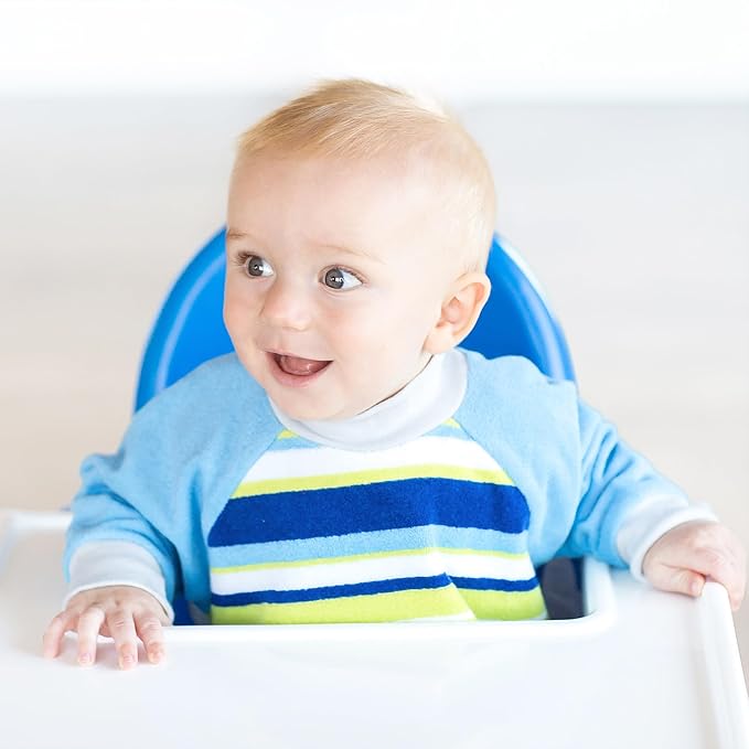 Kiddologic Bibit-all Baby Feeding Bib, Long Sleeves with Ribbed Cuffs and High Collar, Stretchy Pullover Smock, Soft Absorbent Terry, Waterproof Lining, Infant Boy 6-12 Months, Sky Blue Stripe