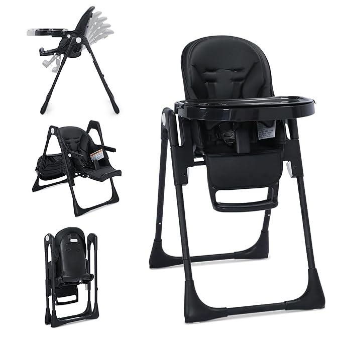 3 in 1 Foldable Baby High Chair, Infant High Chairs for Babies and Toddlers, 6 Height & 5 Recline Adjustable Toddler Feeding Chair, 2 Tray Depth & 3 Footrest Angles, 2 Built-in Wheels, Black