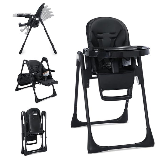 3 in 1 Foldable Baby High Chair, Infant High Chairs for Babies and Toddlers, 6 Height & 5 Recline Adjustable Toddler Feeding Chair, 2 Tray Depth & 3 Footrest Angles, 2 Built-in Wheels, Black