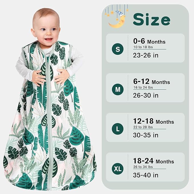 3 Pack Baby Sleep Sack 18-24 Months 100% Rayon Cotton Baby Sleeping Bag 2-Way Zipper Toddler Wearable Blankets Comfy Stretchy Lightweight TOG 0.3 （Banana&leaf&green）