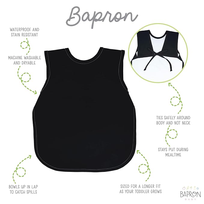 BapronBaby Minimalist Black Bapron - No Neck Tie Safer Bib for Baby & Toddler - Soft Waterproof Stain Resistant - Machine Washable - Sz Preschool 3-5yrs
