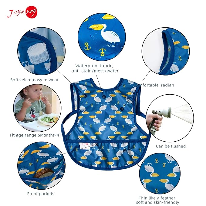 Joyo roy Mess Proof Baby Bibs 6-12 Months Waterproof Toddler Baby Boy Bibs for Eating Machine Washable Sleeveless Smock Bib Travel Reusable Led Weaning Apron for Feeding Bib with Food Catcher