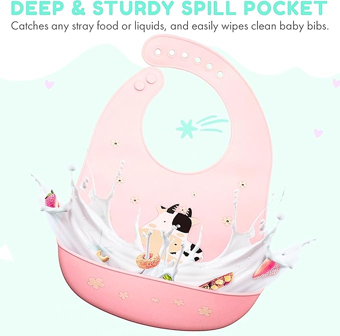 Silicone Baby Bibs Unisex, Self-Feeding, Catch-all Large Pocket, 6-48 months, BPA-Phthalate Free, w/Travel Case