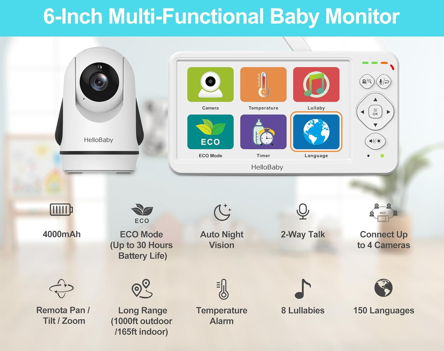 HelloBaby Baby Monitor with 2 Cameras, Large 6'' Video Baby Monitor No WiFi,30-Hour Long Battery, 320° Pan-Tilt Camera with 2X Zoom, Auto Night Vision, 2-Way Talk,ECO,1000ft, Portable, 150 Languages