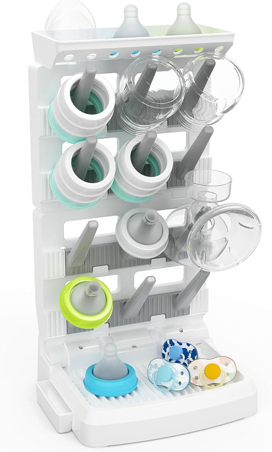 Baby Bottle Drying Rack for 12 Bottles, Space Saving Countertop Vertical Standing Bottle Dryer Rack for Baby Accessories & Pump Parts (Large White&Grey)