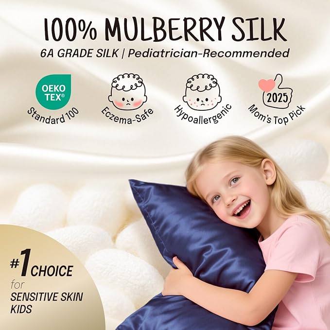 OLESILK 100% Mulberry Silk Toddler Pillowcase for Hair and Skin, Both Sides 19 Momme Pure Natural Silk Travel Pillow Cases with Hidden Zipper, 13"x 18", Navy