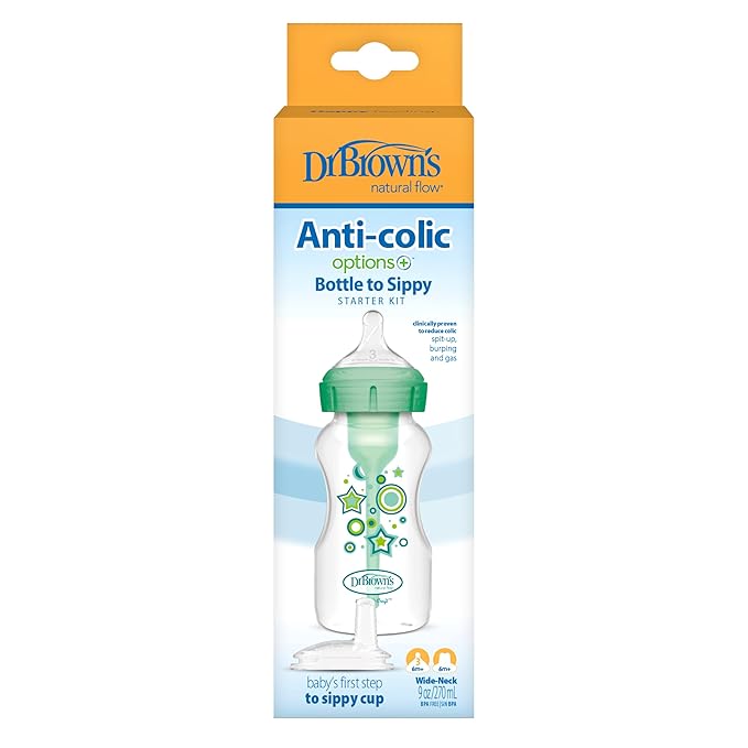 Dr. Brown’s Anti-Colic Options+ Wide-Neck Sippy Bottle Starter Kit, 9oz/270mL, with Level 3 Medium-Fast Flow Nipple and Soft 100% Silicone Sippy Spout, Green, BPA Free, 6m+